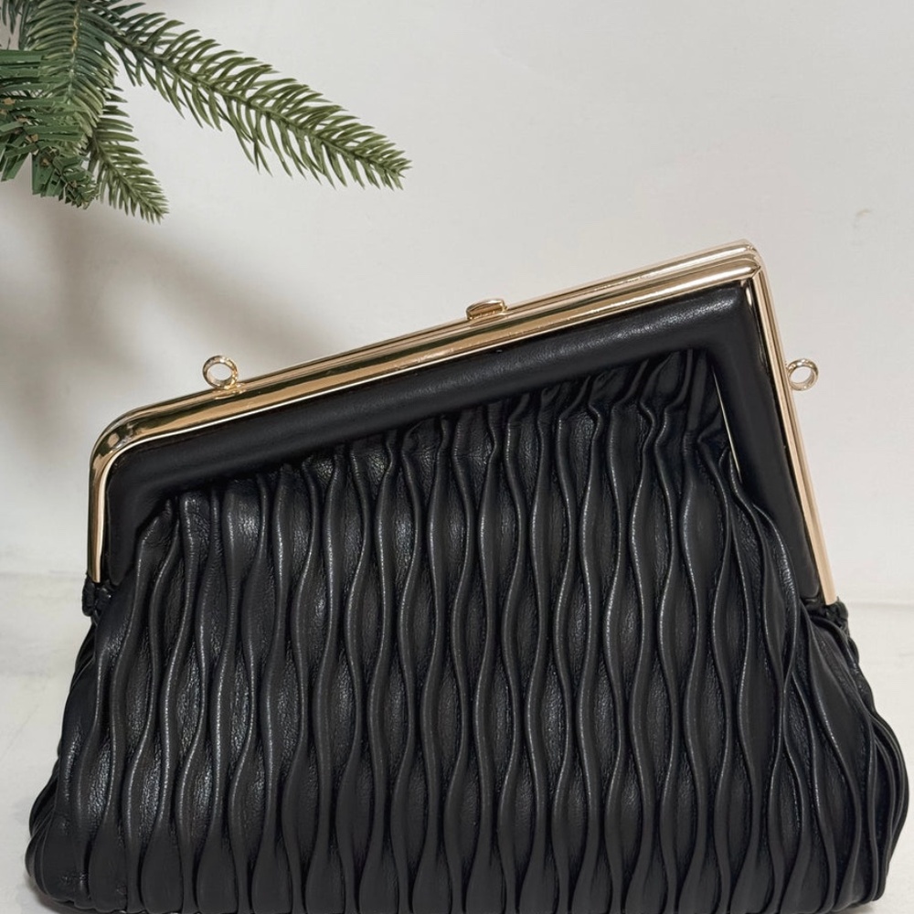 New!  Black Pleated Faux Leather Asymmetrical Clutch Purse with Strap